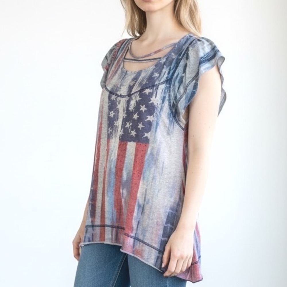 Style & Co Womens American Flag Rhinestone Flutter Sleeve Top Blue Red Medium